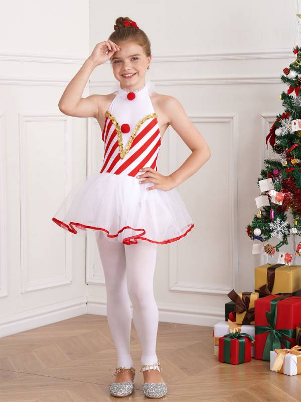 Girls Halter Neck Sleeveless Stripes Christmas Candy Cane Tutu Dress thumb