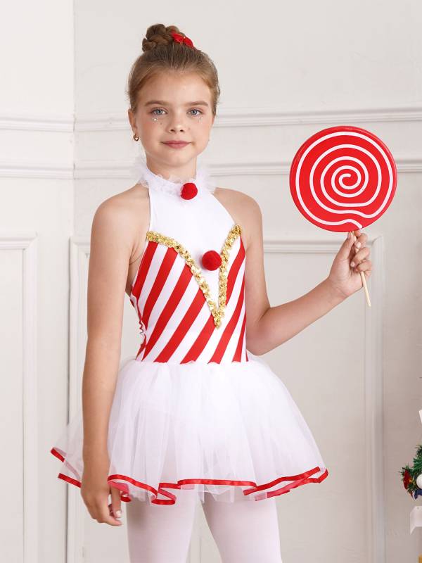 Girls Halter Neck Sleeveless Stripes Christmas Candy Cane Tutu Dress thumb