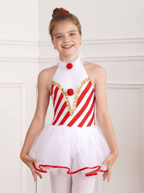 Girls Halter Neck Sleeveless Stripes Christmas Candy Cane Tutu Dress thumb