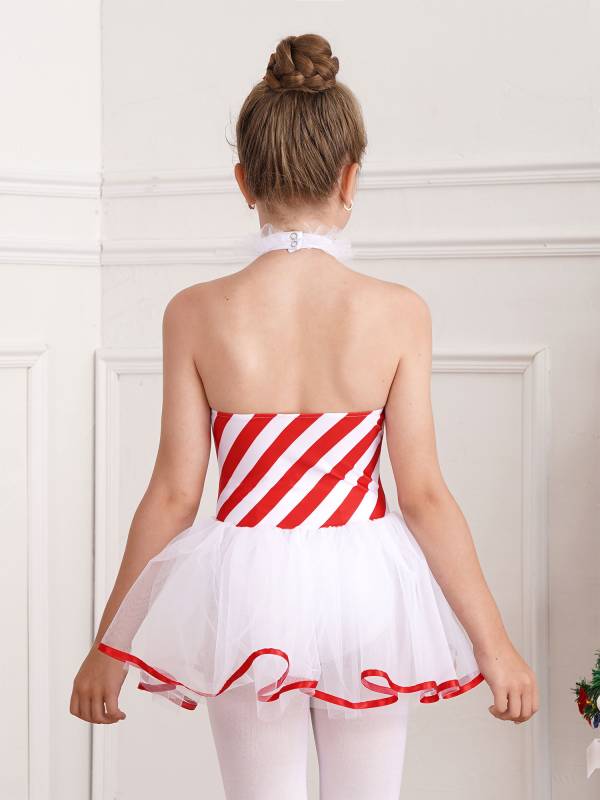 Girls Halter Neck Sleeveless Stripes Christmas Candy Cane Tutu Dress thumb