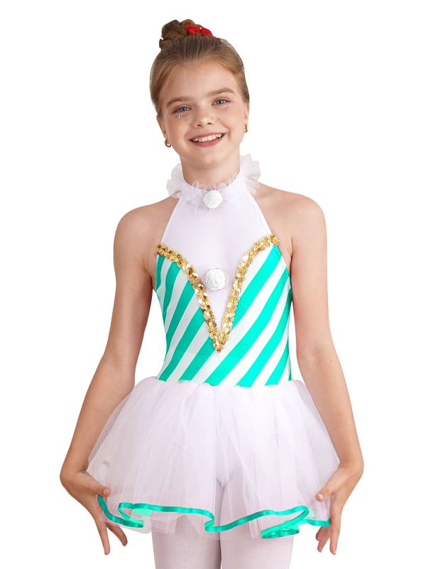 Girls Halter Neck Sleeveless Stripes Christmas Candy Cane Tutu Dress thumb