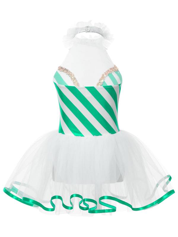 Girls Halter Neck Sleeveless Stripes Christmas Candy Cane Tutu Dress thumb