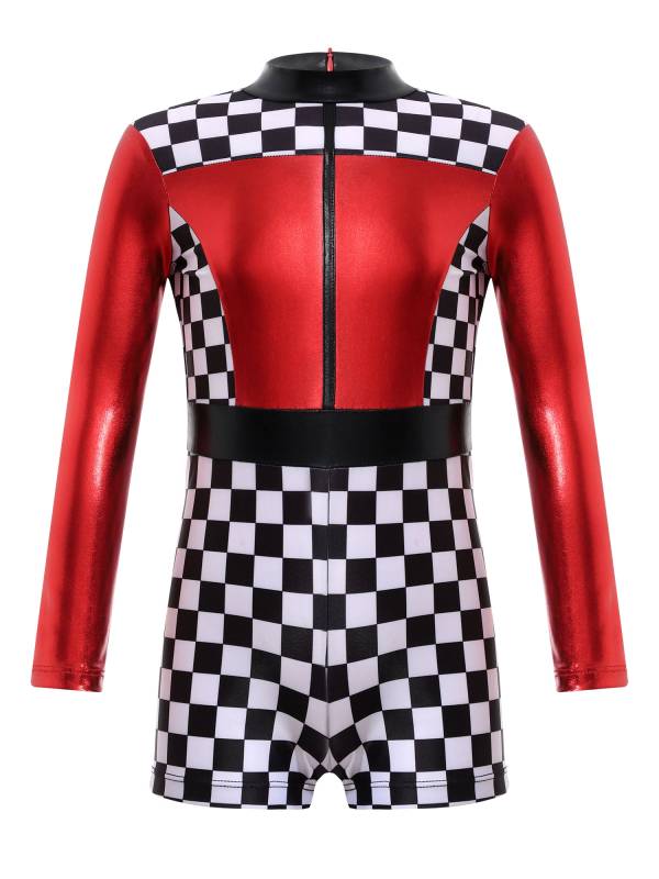 Girls Long Sleeve Checkerboard Print Race Car Racer Costume Jumpsuit thumb