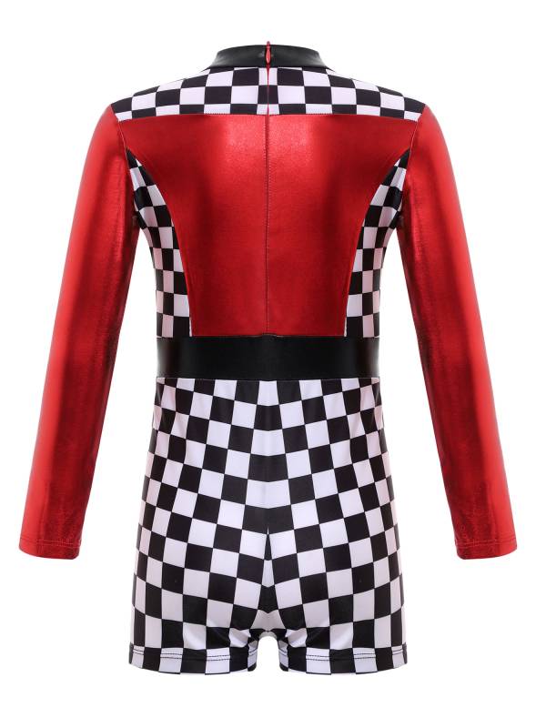 Girls Long Sleeve Checkerboard Print Race Car Racer Costume Jumpsuit thumb