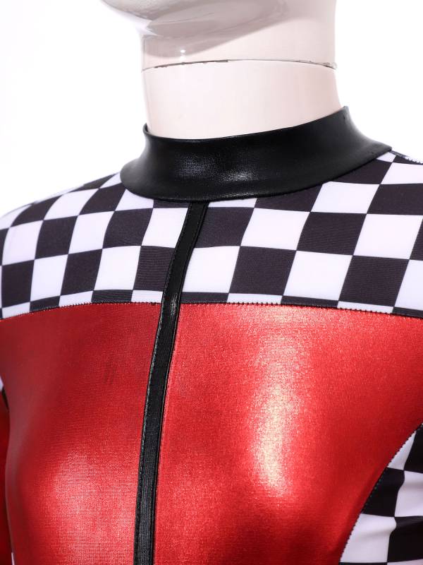 Girls Long Sleeve Checkerboard Print Race Car Racer Costume Jumpsuit thumb