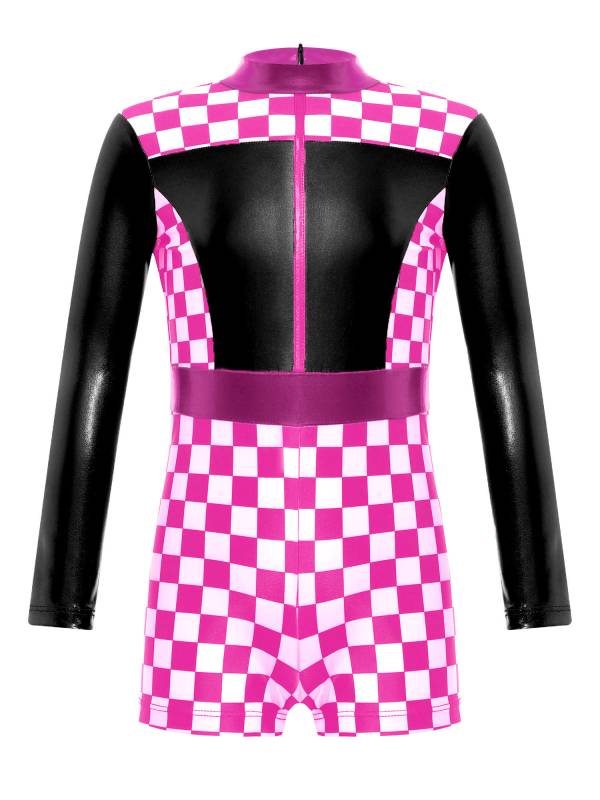 Girls Long Sleeve Checkerboard Print Race Car Racer Costume Jumpsuit thumb