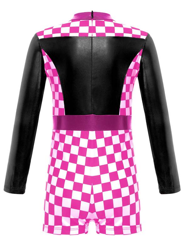 Girls Long Sleeve Checkerboard Print Race Car Racer Costume Jumpsuit thumb