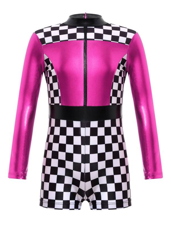 Girls Long Sleeve Checkerboard Print Race Car Racer Costume Jumpsuit thumb