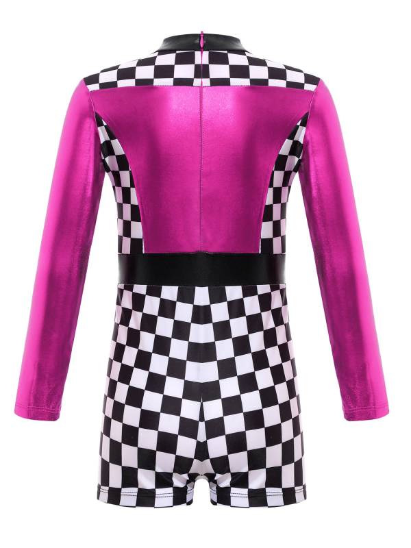 Girls Long Sleeve Checkerboard Print Race Car Racer Costume Jumpsuit thumb