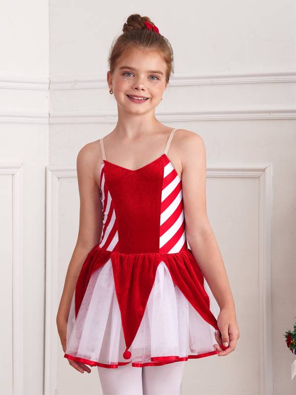 Kids Girls Christmas Sleeveless Straps Pom Poms Stripes Tutu Dress thumb