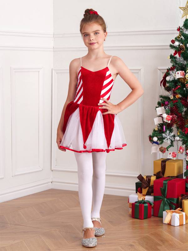 Kids Girls Christmas Sleeveless Straps Pom Poms Stripes Tutu Dress thumb