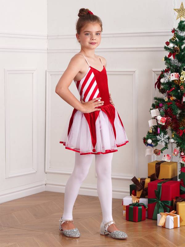 Kids Girls Christmas Sleeveless Straps Pom Poms Stripes Tutu Dress thumb