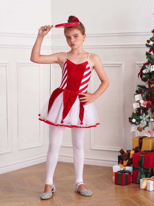 Kids Girls Christmas Sleeveless Straps Pom Poms Stripes Tutu Dress thumb