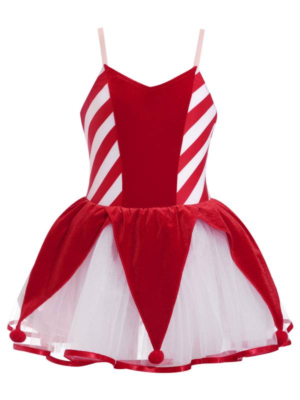 Kids Girls Christmas Sleeveless Straps Pom Poms Stripes Tutu Dress thumb