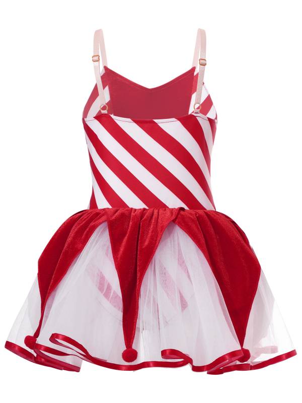 Kids Girls Christmas Sleeveless Straps Pom Poms Stripes Tutu Dress thumb