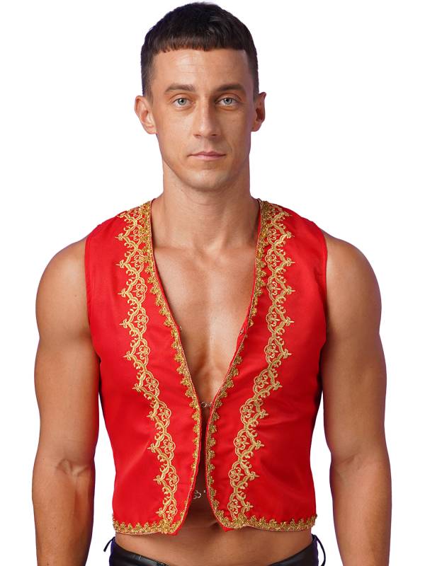 Men Sleeveless Embroidery Open Front Medieval Gothic Waistcoat thumb