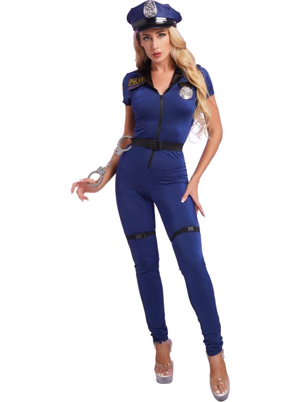 Women 7pcs Short Sleeve Front Zipper Halloween Police Cosplay Jumpsuit Set thumb