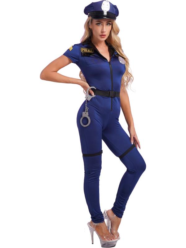 Women 7pcs Short Sleeve Front Zipper Halloween Police Cosplay Jumpsuit Set thumb