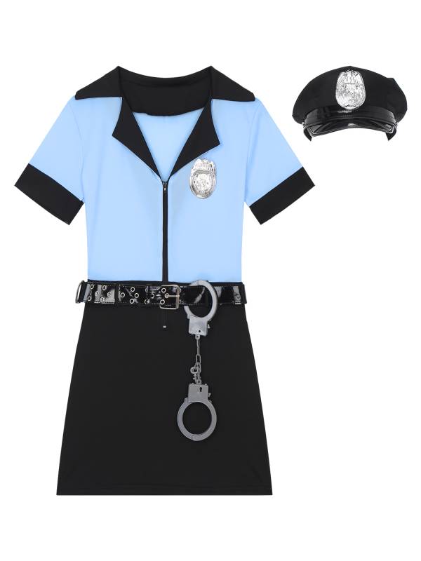 Women 5pcs Short Sleeve Bodycon Dress Hat Belt Manacles Badge Police Costume thumb