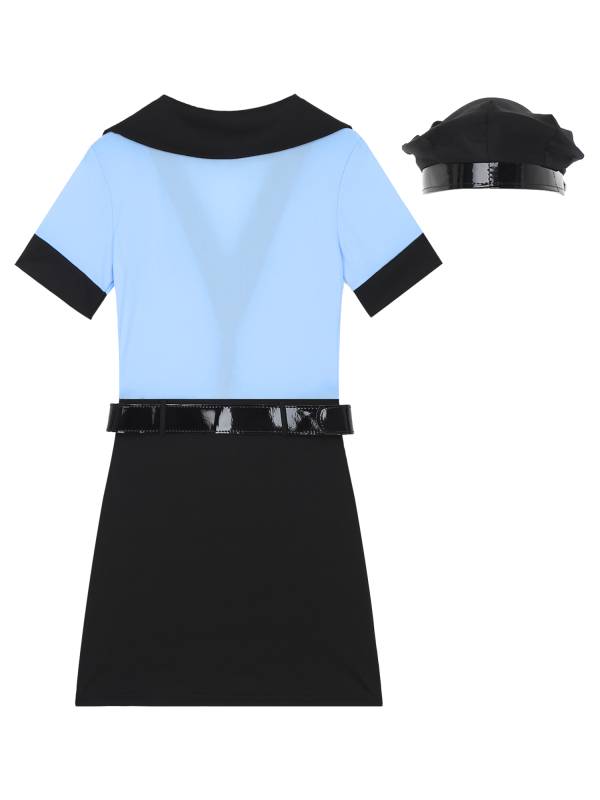 Women 5pcs Short Sleeve Bodycon Dress Hat Belt Manacles Badge Police Costume thumb