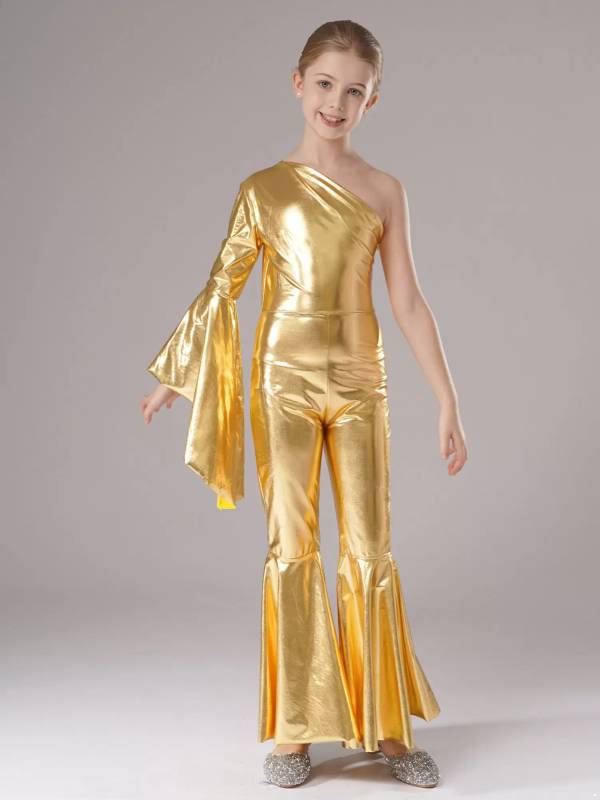 Kids Girls Metallic Shiny Bell-Bottom Jazz Dance Unitard Jumpsuit thumb