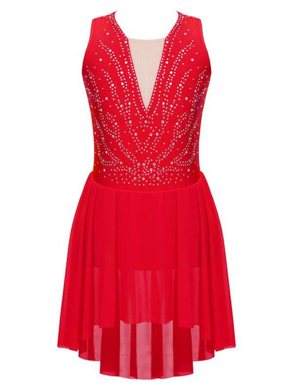 Kids Girls Sleeveless Rhinestone Strappy Back Asymmetrical Figure Skating Dress thumb