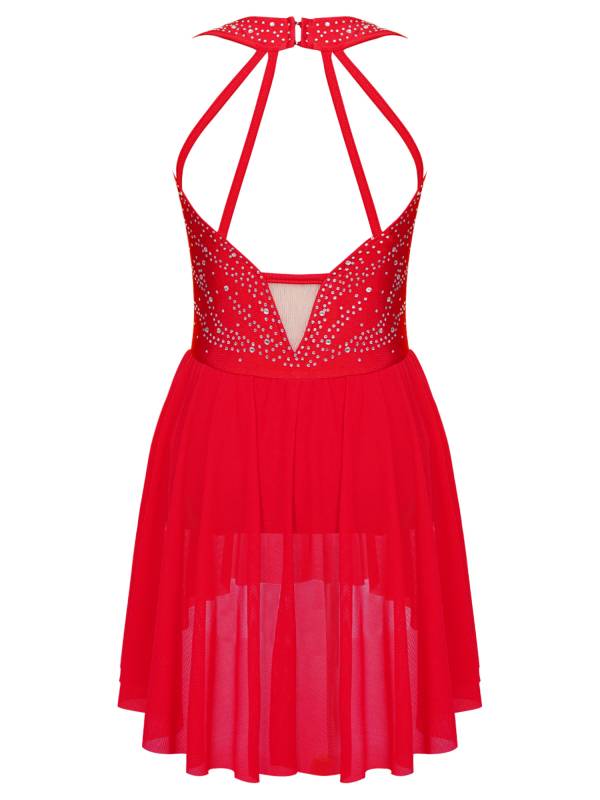 Kids Girls Sleeveless Rhinestone Strappy Back Asymmetrical Figure Skating Dress thumb