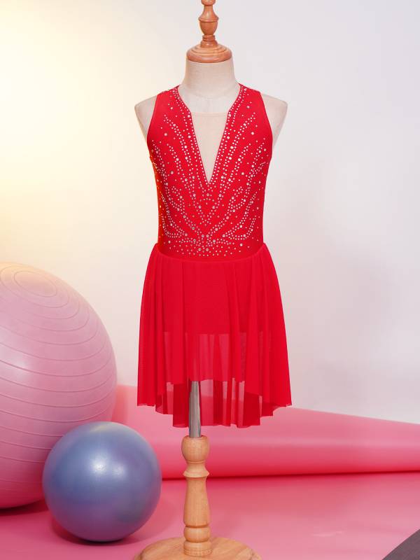 Kids Girls Sleeveless Rhinestone Strappy Back Asymmetrical Figure Skating Dress thumb