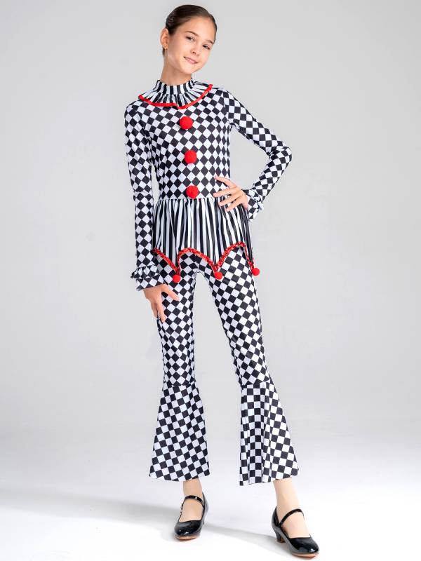 Kids Girls Halloween Circus Clown Costume Long Sleeve Checkerboard Jumpsuit thumb