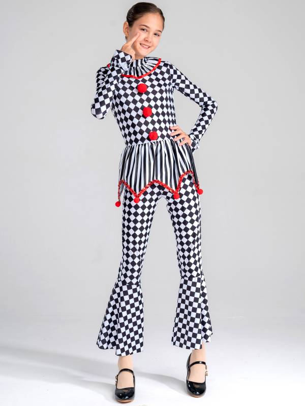 Kids Girls Halloween Circus Clown Costume Long Sleeve Checkerboard Jumpsuit thumb