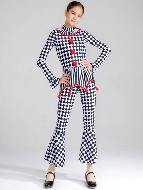 Kids Girls Halloween Circus Clown Costume Long Sleeve Checkerboard Jumpsuit thumb