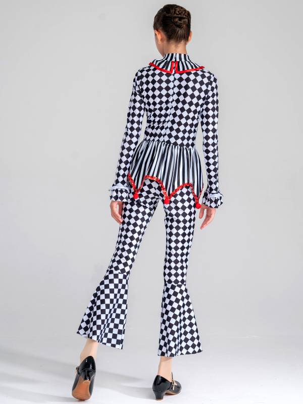 Kids Girls Halloween Circus Clown Costume Long Sleeve Checkerboard Jumpsuit thumb