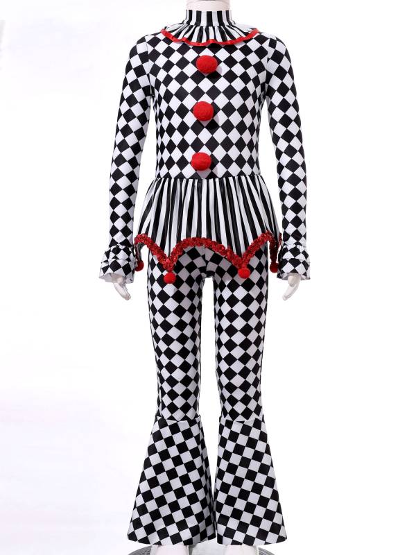 Kids Girls Halloween Circus Clown Costume Long Sleeve Checkerboard Jumpsuit thumb