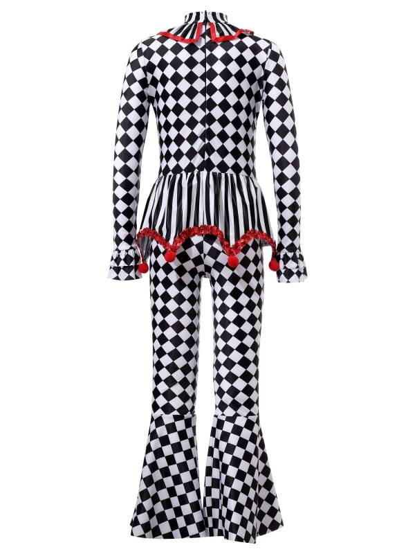 Kids Girls Halloween Circus Clown Costume Long Sleeve Checkerboard Jumpsuit thumb