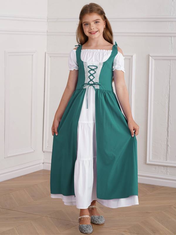 Kids Girls Medieval Renaissance Costume Short Sleeve  Ruffle Dress thumb