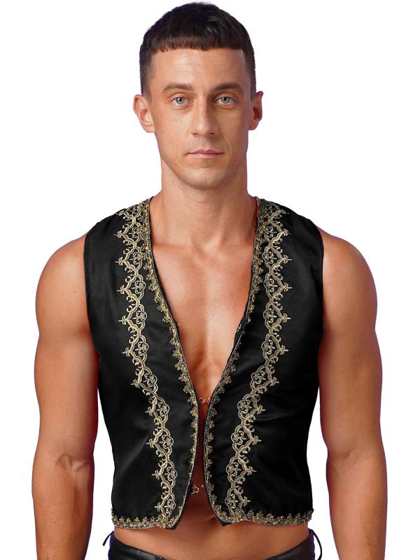 Men Sleeveless Embroidery Open Front Medieval Gothic Waistcoat thumb