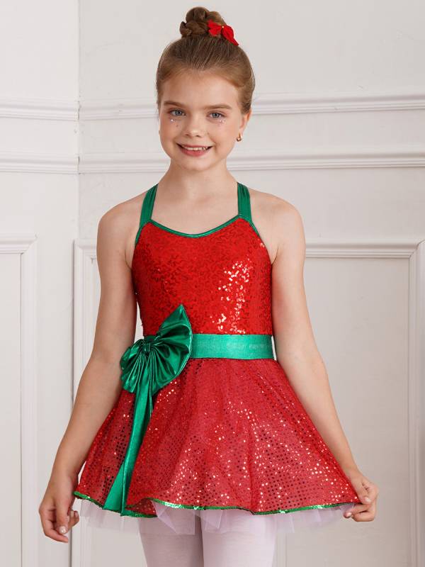 Girls Sleeveless Strappy Sequins Bowknot Christmas Tutu Dress thumb