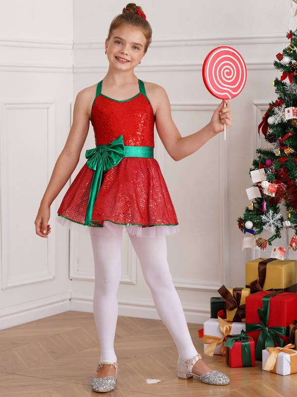 Girls Sleeveless Strappy Sequins Bowknot Christmas Tutu Dress thumb