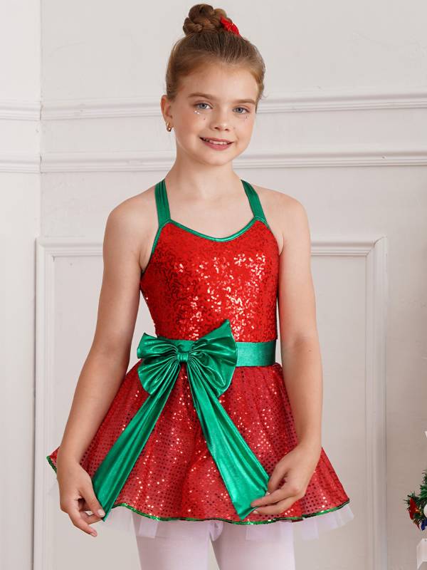 Girls Sleeveless Strappy Sequins Bowknot Christmas Tutu Dress thumb