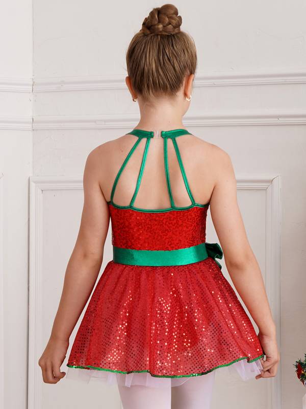 Girls Sleeveless Strappy Sequins Bowknot Christmas Tutu Dress thumb