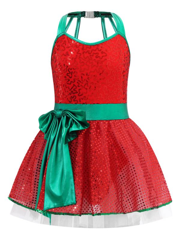 Girls Sleeveless Strappy Sequins Bowknot Christmas Tutu Dress thumb