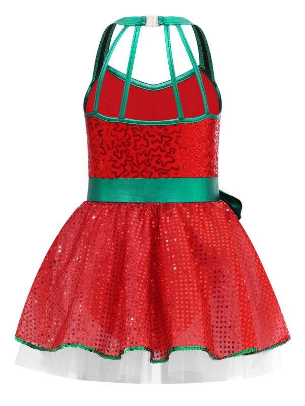 Girls Sleeveless Strappy Sequins Bowknot Christmas Tutu Dress thumb