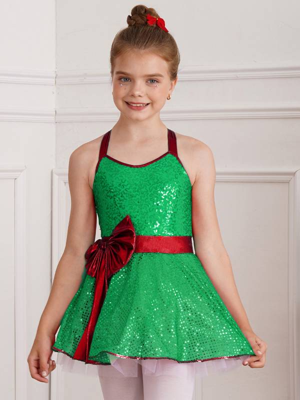 Girls Sleeveless Strappy Sequins Bowknot Christmas Tutu Dress thumb