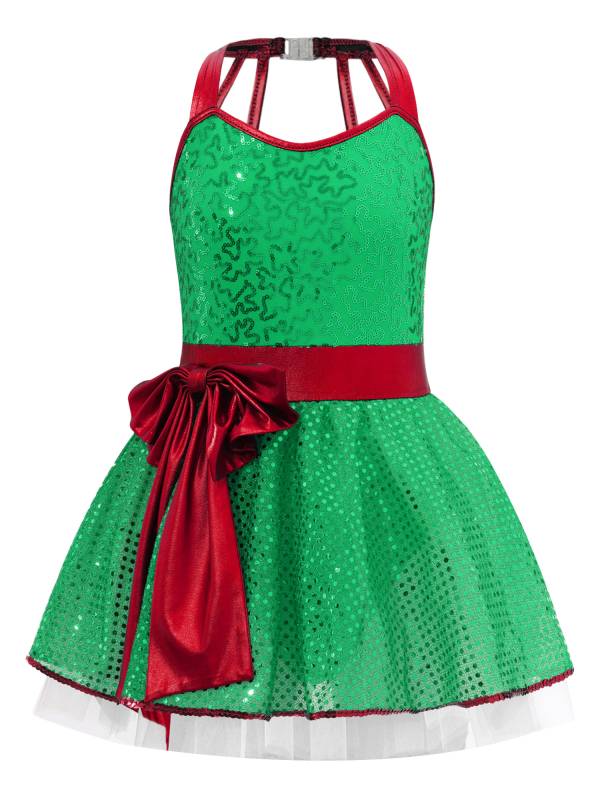 Girls Sleeveless Strappy Sequins Bowknot Christmas Tutu Dress thumb