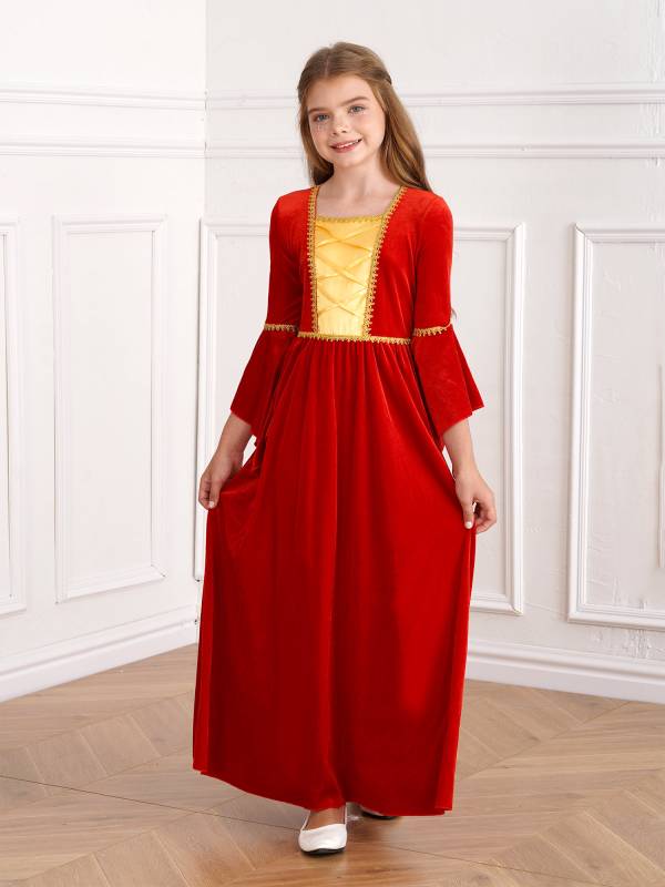 Kids Girls Square Neck Flared Sleeve Empire Waist Medieval Vintage Maxi Dress thumb