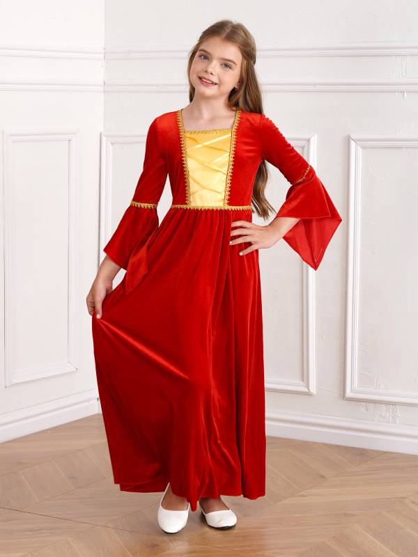 Kids Girls Square Neck Flared Sleeve Empire Waist Medieval Vintage Maxi Dress thumb