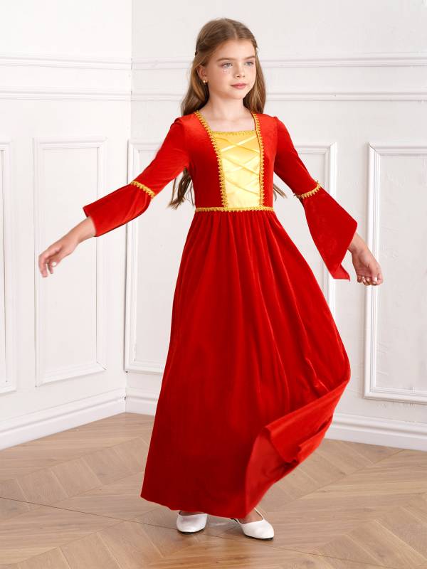 Kids Girls Square Neck Flared Sleeve Empire Waist Medieval Vintage Maxi Dress thumb