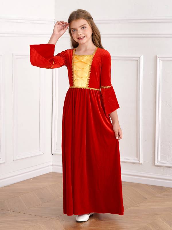 Kids Girls Square Neck Flared Sleeve Empire Waist Medieval Vintage Maxi Dress thumb