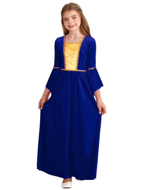 Kids Girls Square Neck Flared Sleeve Empire Waist Medieval Vintage Maxi Dress thumb