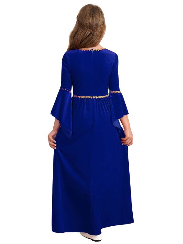 Kids Girls Square Neck Flared Sleeve Empire Waist Medieval Vintage Maxi Dress thumb